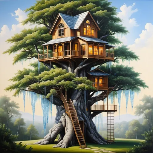 Prompt: A treehouse made of crystal, oil painting, hyper realistic, high details, symmetric, beautiful, 