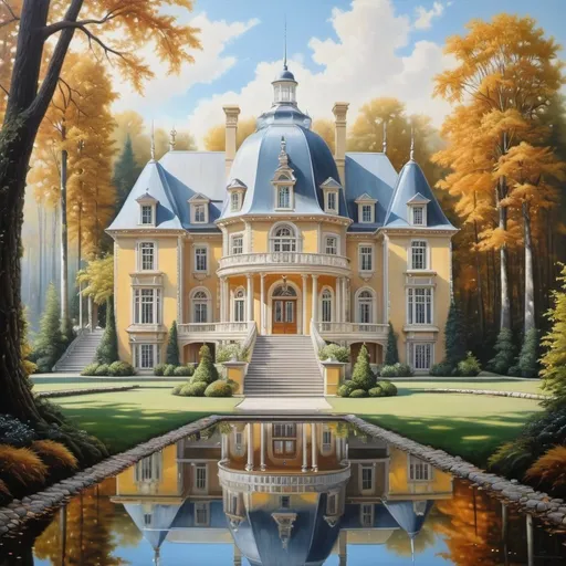 Prompt: A big mansion made of crystal, clearing in the woods, oil painting, hyper realistic, high details, symmetric, beautiful, defined,