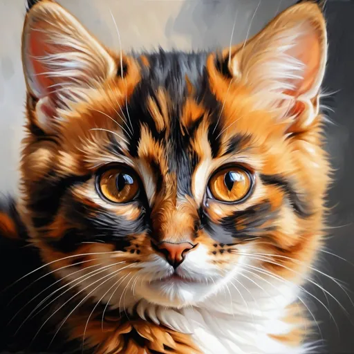 Prompt: Young kitten, oil painting, hyper realistic, high details, symmetric, perfect eyes, perfect fur, beautiful, dark brown eyes,   tortoiseshell cat, face is half orange and half blank, long fur, cute, fluffy, soft, 