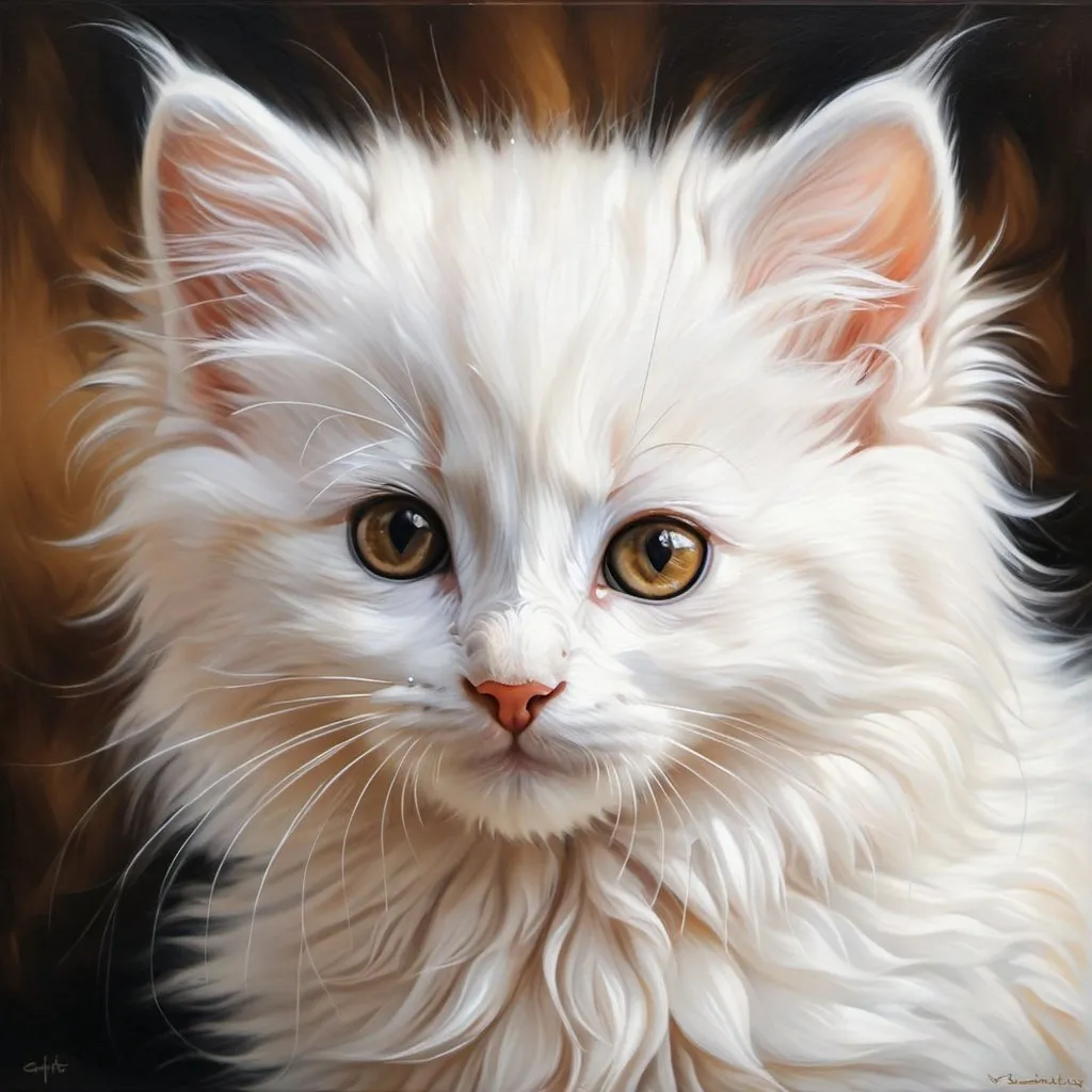 Prompt: Young kitten, oil painting, hyper realistic, high details, symmetric, perfect eyes, perfect fur, beautiful, dark brown eyes, white long fur, cute, fluffy, soft, 