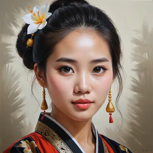 Prompt: Young  Vietnamese women, oil painting, hyper realistic, high details, symmetric, perfect eyes, perfect hair, beautiful, dark brown eyes, black hair,  bun, traditional dress,