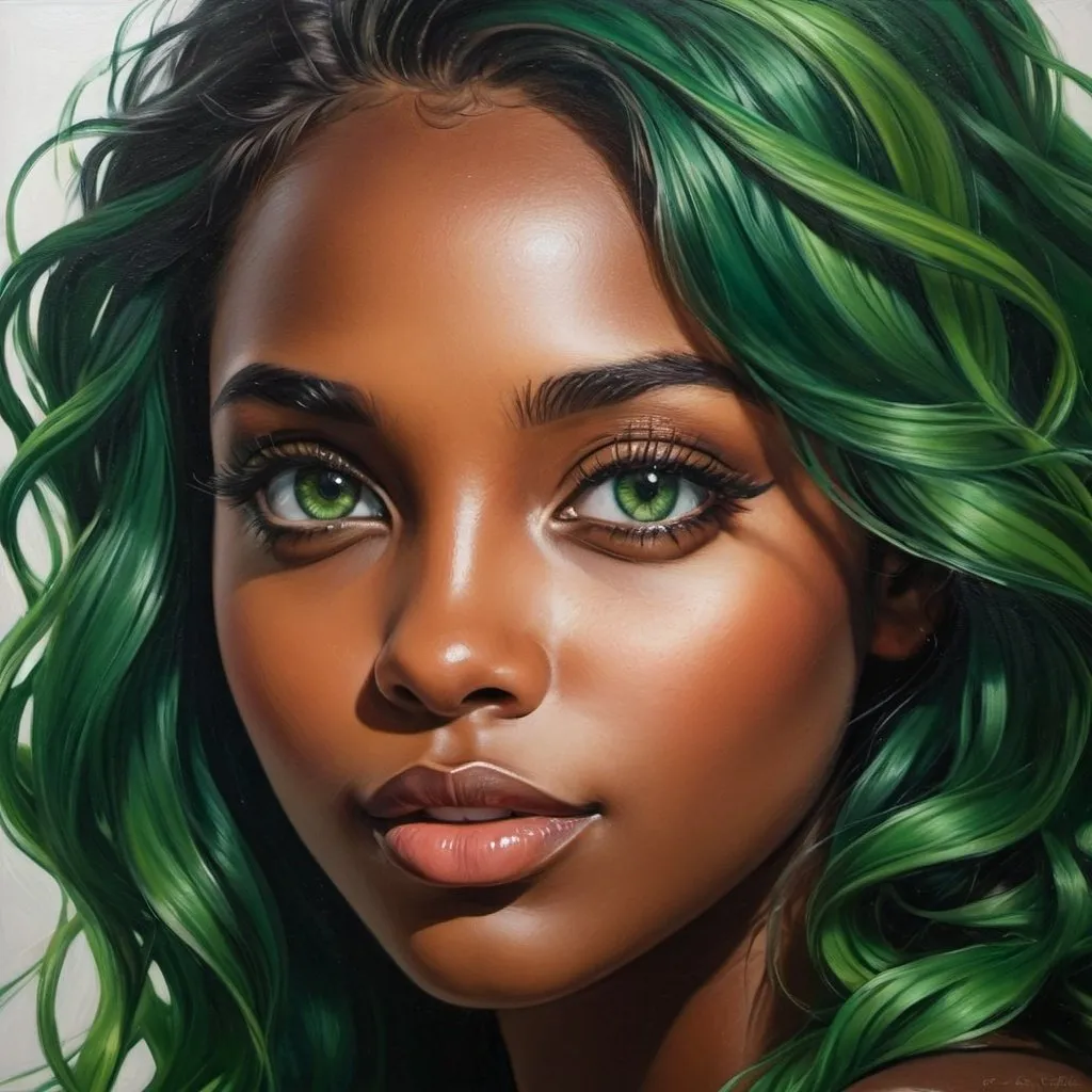 Prompt: Create a girl, high detail, oil painting, beautiful, perfect eyes, perfect hair, green wavy hair, green colored eyes, beautiful, dark skin,