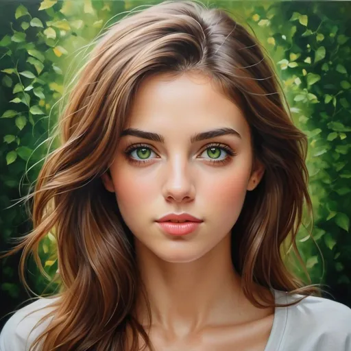 Prompt: Women in simple clothes, oil painting, hyper realistic, high details, symmetric, perfect eyes, perfect hair, beautiful, brown hair, green eyes,