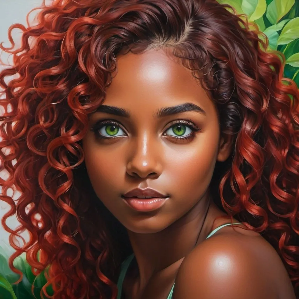 Prompt: Create a girl, high detail, oil painting, beautiful, perfect eyes, perfect hair, red and black curly hair, green colored eyes, beautiful, dark skin,