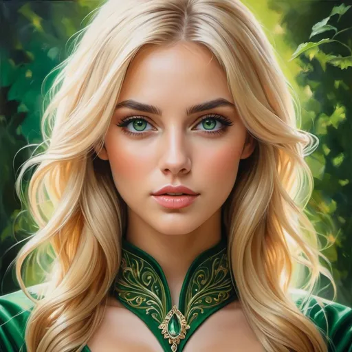Prompt: Full length Women in fantasy clothing , oil painting, hyper realistic, high details, symmetric, perfect eyes, perfect hair, beautiful, blonde hair, green eyes,