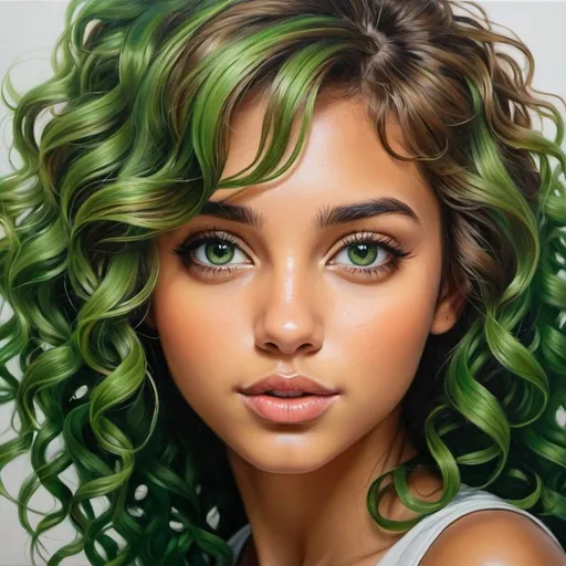 Prompt: Create a girl, high detail, oil painting, beautiful, perfect eyes, perfect hair, green curly hair, green colored eyes, beautiful, tan skin,