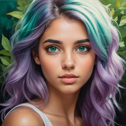 Prompt: Create a girl, high detail, oil painting, beautiful, perfect eyes, perfect hair, teal and lavender colored hair, green eyes, beautiful, tan skin, Greek,