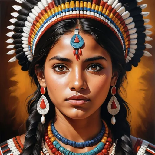 Prompt: Young aztec women, oil painting, hyper realistic, high details, symmetric, perfect eyes, perfect hair, beautiful, dark brown eyes, black hair, dark skin, traditional clothes,
