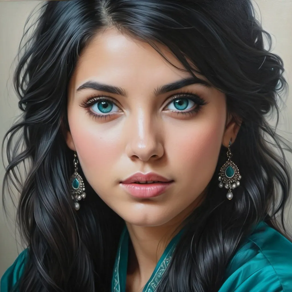 Prompt: Young to us, women, oil painting, hyper realistic, high details, symmetric, perfect eyes, perfect hair, beautiful, dark grey eyes, black hair, traditional teal clothes,