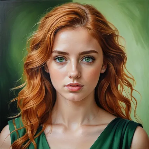 Prompt: Young  Scottish women, oil painting, hyper realistic, high details, symmetric, perfect eyes, perfect hair, beautiful, dark greek eyes, wavy, orange hair,  beautiful green dress,