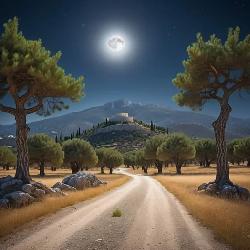 Prompt: Ancient Greek crossroads, woods, mountains in background, high definition, detailed, serene, tranquil, moon in the sky, nighttime, 