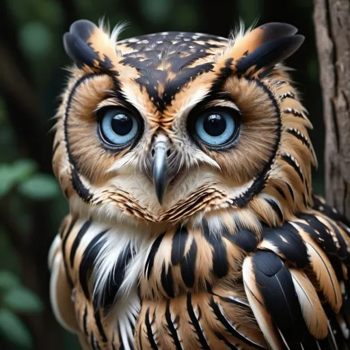 Prompt: Young owl, hyper realistic, high details, symmetric, perfect eyes, perfect feathers, beautiful, gorgeous features, dark blue eyes, black long feathers, cute, fluffy, soft, forest, midnight,