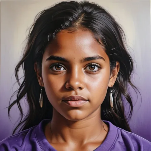 Prompt: Young  Australian aboriginal women, oil painting, hyper realistic, high details, symmetric, perfect eyes, perfect hair, beautiful, dark brown/black eyes, black hair,  purple t-shirt, dark skin,