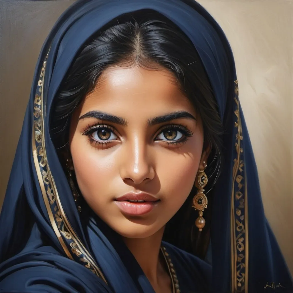 Prompt: Young Arabia women, oil painting, hyper realistic, high details, symmetric, perfect eyes, perfect hair, beautiful, dark grey eyes, black hair, dark skin, traditional navy clothes,