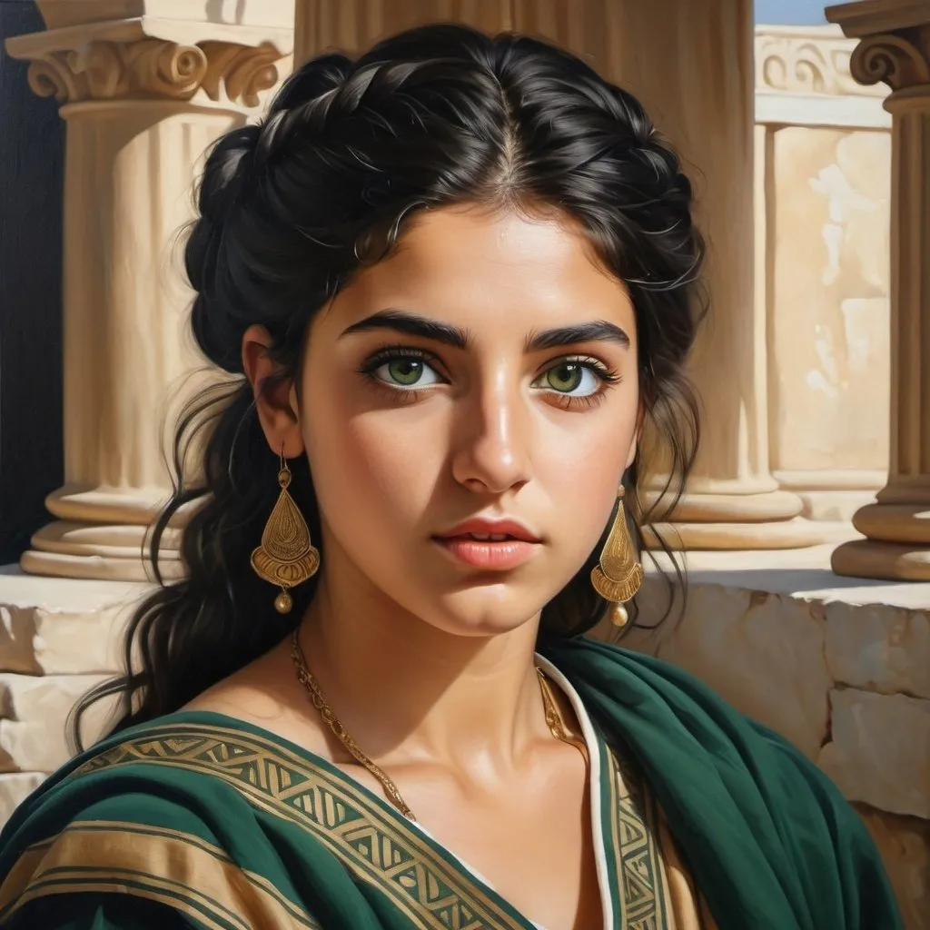 Prompt: Young Greek women, oil painting, hyper realistic, high details, symmetric, perfect eyes, perfect hair, gorgeous, goddess like, beautiful, dark green eyes, black hair, tan skin, traditional clothing,