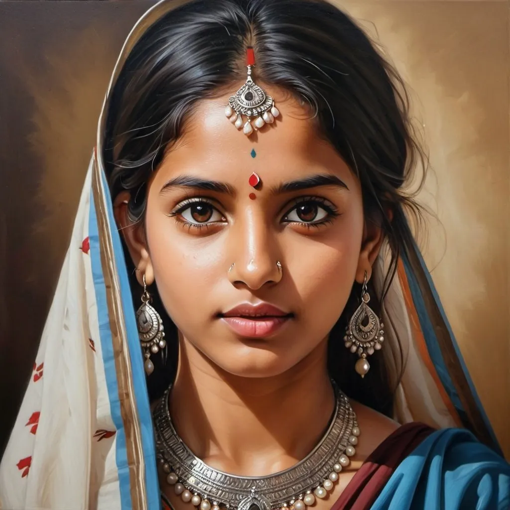 Prompt: Young Indian women, oil painting, hyper realistic, high details, symmetric, perfect eyes, perfect hair, beautiful, brown eyes, black hair, tan skin, traditional clothes,