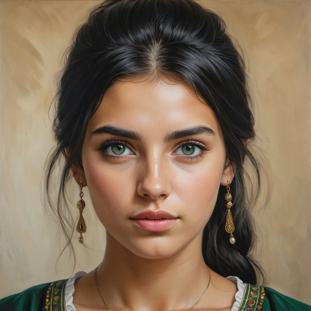 Prompt: Young Croats women, oil painting, hyper realistic, high details, symmetric, perfect eyes, perfect hair, beautiful, dark green eyes, black hair, tan skin, traditional black dress,