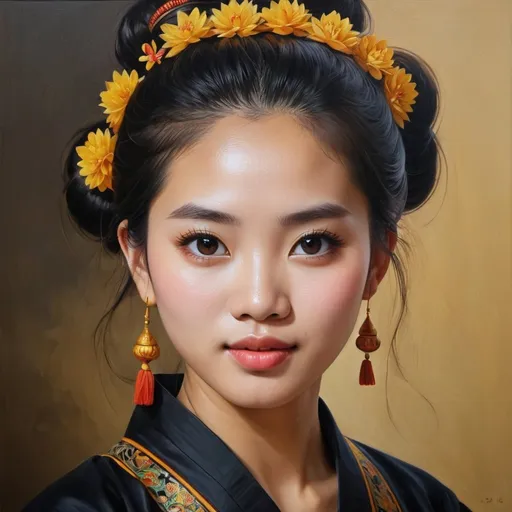 Prompt: Young  Vietnamese women, oil painting, hyper realistic, high details, symmetric, perfect eyes, perfect hair, beautiful, dark brown eyes, black hair,  bun, traditional dress,