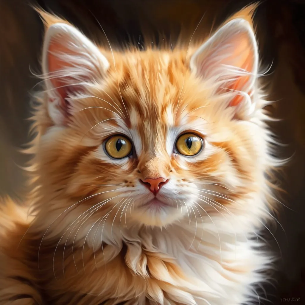 Prompt: Young kitten, oil painting, hyper realistic, high details, symmetric, perfect eyes, perfect fur, beautiful, yellow eyes, cinnamon fur, cute, fluffy, soft, 