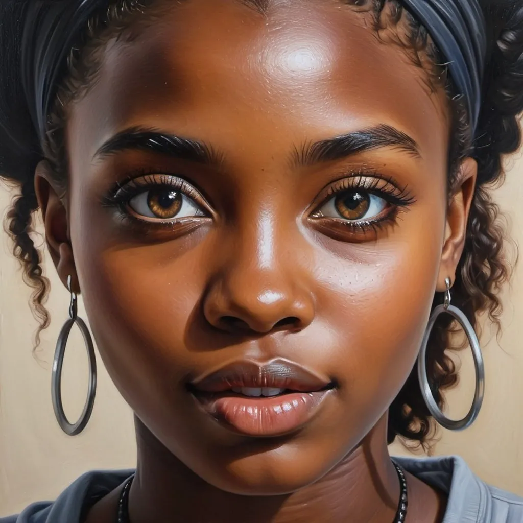 Prompt: Young African women, oil painting, hyper realistic, high details, symmetric, perfect eyes, perfect hair, beautiful, dark brown eyes, black hair, dark skin, everyday clothes,