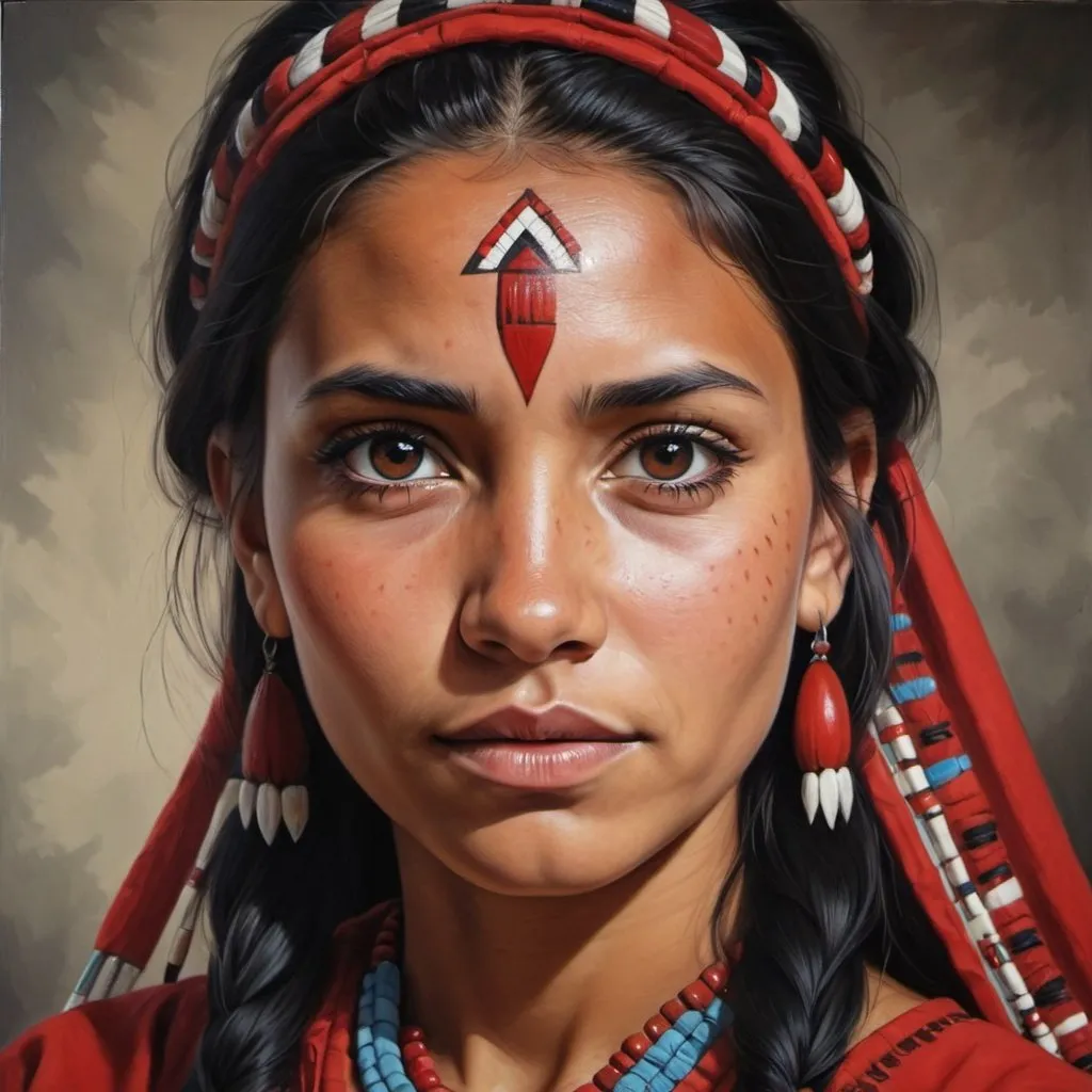 Prompt: Young Cherokee women, oil painting, hyper realistic, high details, symmetric, perfect eyes, perfect hair, beautiful, dark brown eyes, black hair, dark skin, traditional red clothes,