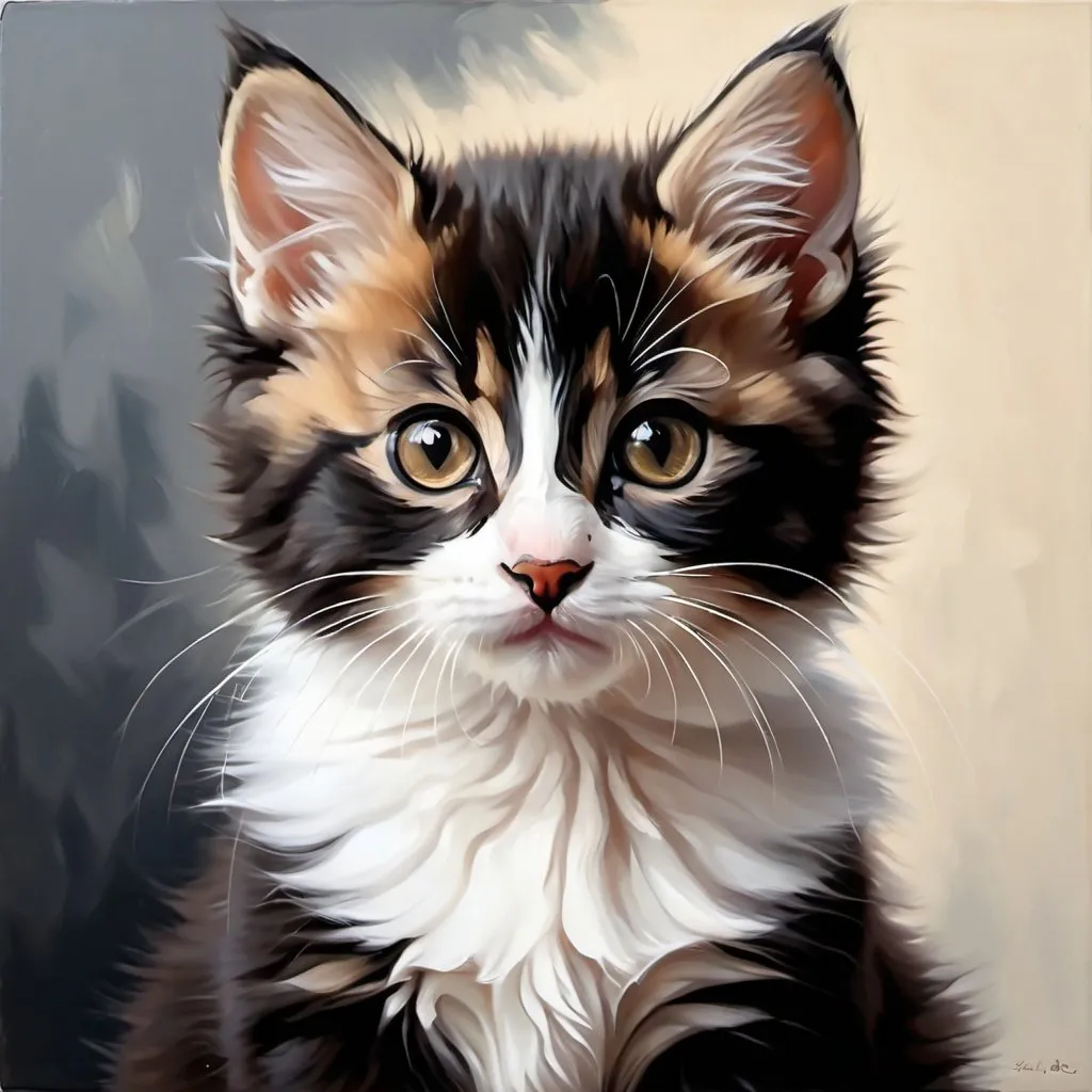 Prompt: Young kitten, oil painting, hyper realistic, high details, symmetric, perfect eyes, perfect fur, beautiful, dark brown eyes,  tuxedo cat, long fur, cute, fluffy, soft, 