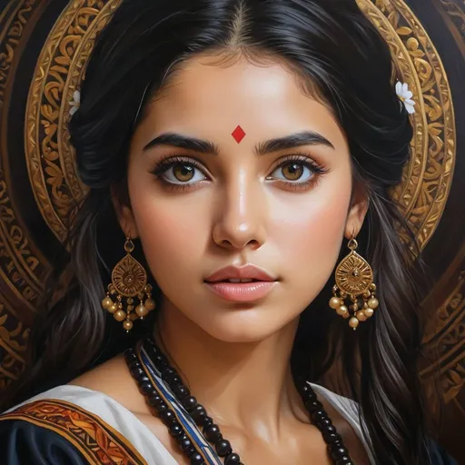 Prompt: Young  Colla women, oil painting, hyper realistic, high details, symmetric, perfect eyes, perfect hair, gorgeous, goddess like, beautiful, dark browns eyes, black hair, traditional clothing, 