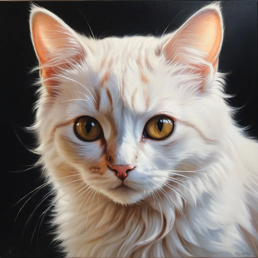 Prompt: A cute cat, oil painting, detail, hyper realistic, ethereal, dark lighting,