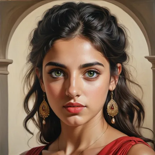 Prompt: Young Greek women, oil painting, hyper realistic, high details, symmetric, perfect eyes, perfect hair, beautiful, dark green eyes, black hair, tan skin, red dress,