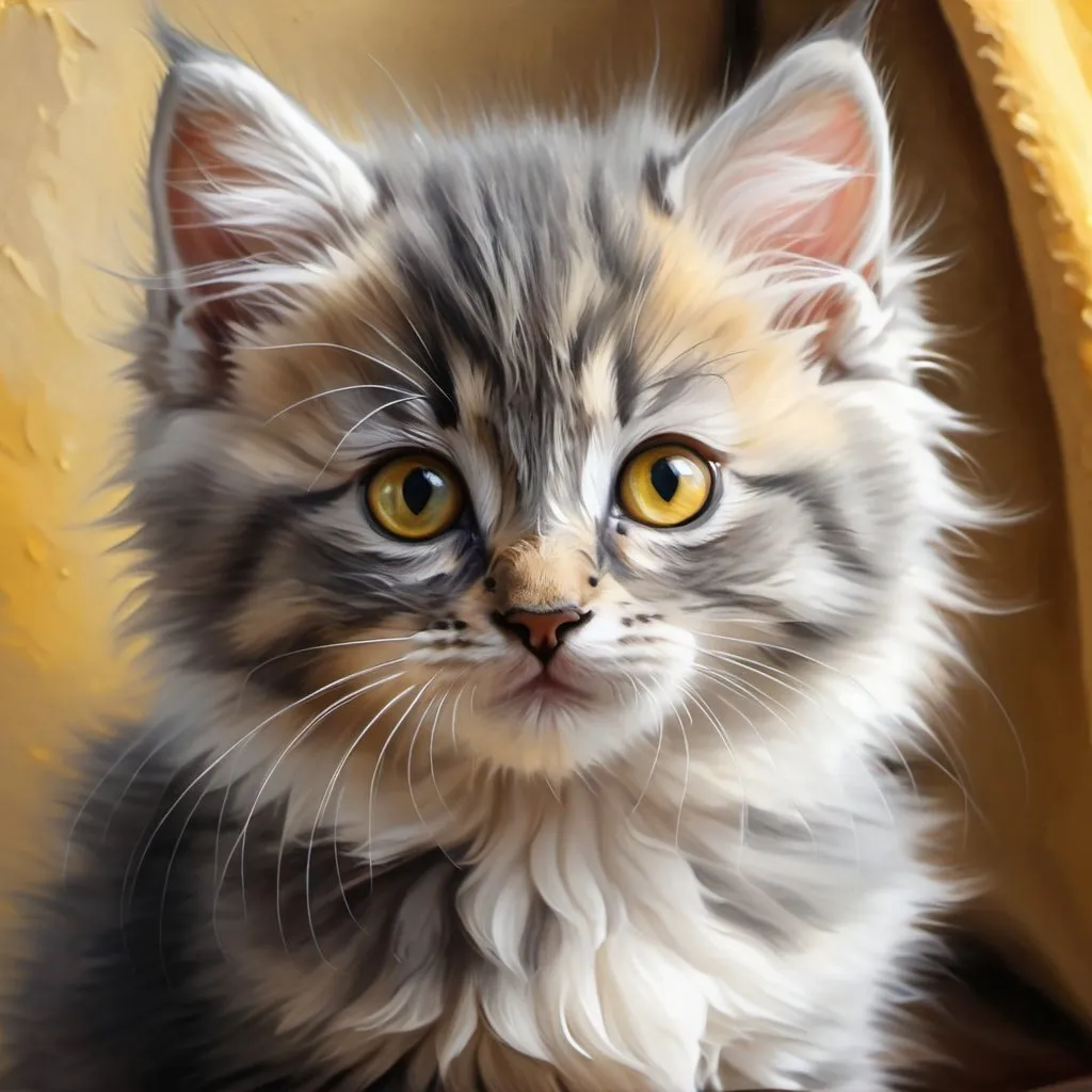 Prompt: Young kitten, oil painting, hyper realistic, high details, symmetric, perfect eyes, perfect fur, beautiful, yellow eyes, grey fur, cute, fluffy, soft, 