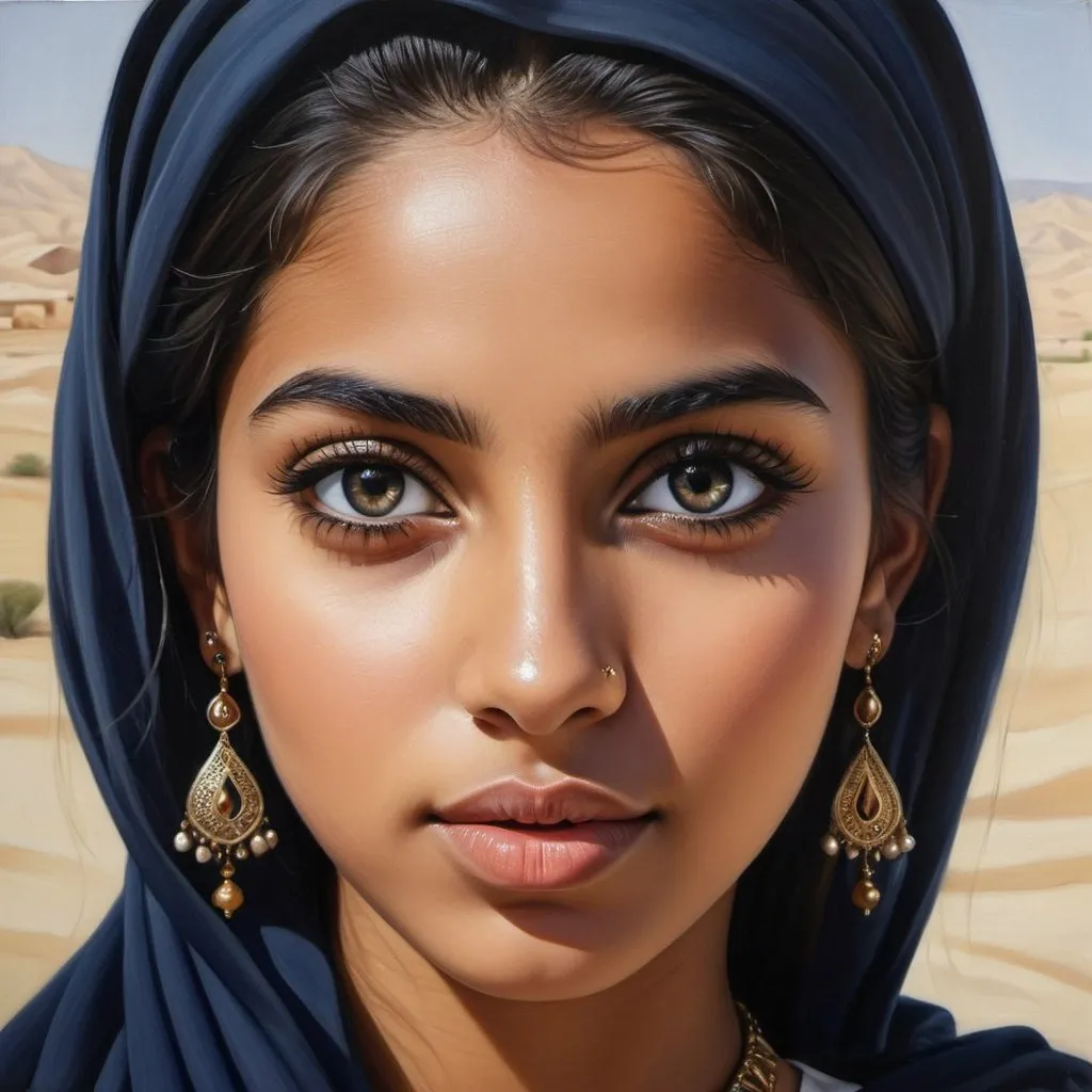 Prompt: Young Arabia women, oil painting, hyper realistic, high details, symmetric, perfect eyes, perfect hair, beautiful, dark grey eyes, black hair, dark skin, traditional navy clothes,