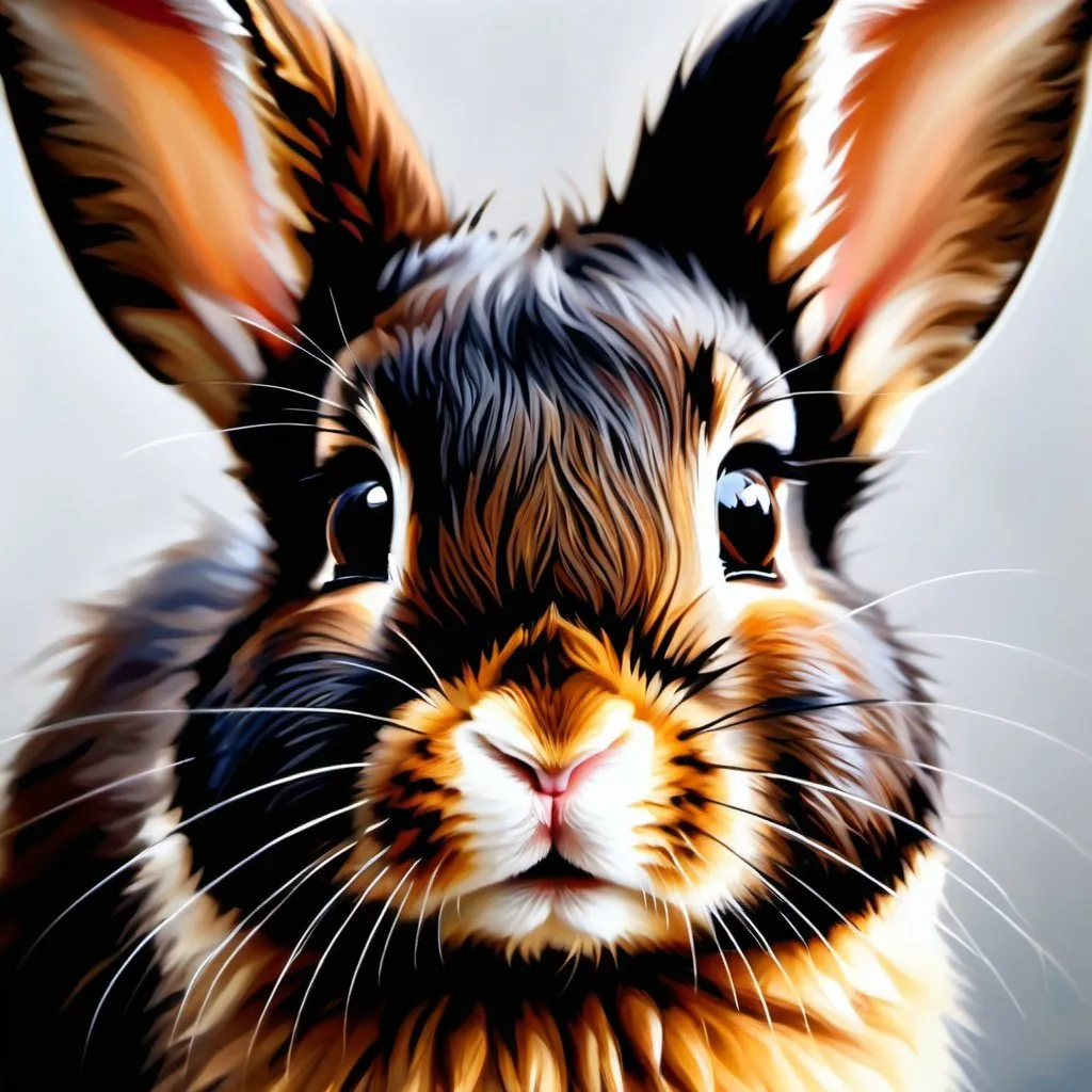 Prompt: Young bunny, oil painting, hyper realistic, high details, symmetric, perfect eyes, perfect fur, beautiful, dark brown eyes,  long black, fur, cute, fluffy, soft, 