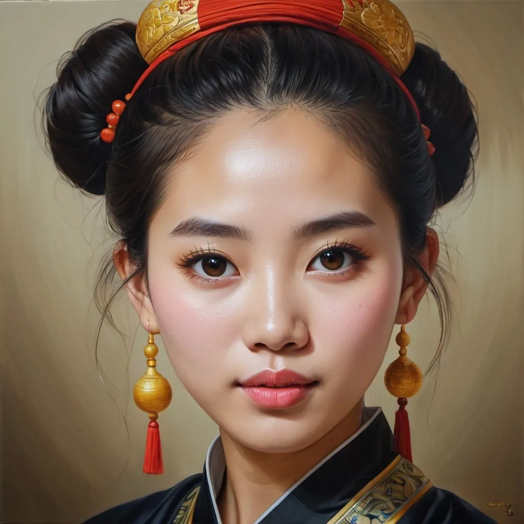 Prompt: Young  Vietnamese women, oil painting, hyper realistic, high details, symmetric, perfect eyes, perfect hair, beautiful, dark brown eyes, black hair,  bun, traditional dress,