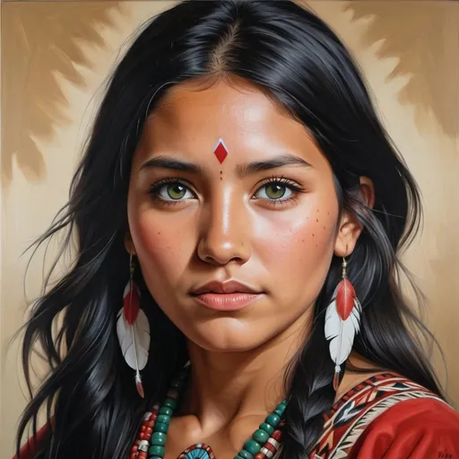 Prompt: Young Native American women, oil painting, hyper realistic, high details, symmetric, perfect eyes, perfect hair, beautiful, dark green eyes, black hair, tan skin, red dress,