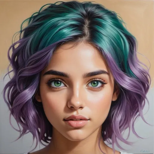 Prompt: Create a girl, high detail, oil painting, beautiful, perfect eyes, perfect hair, teal and lavender colored hair, green eyes, beautiful, tan skin, Greek,