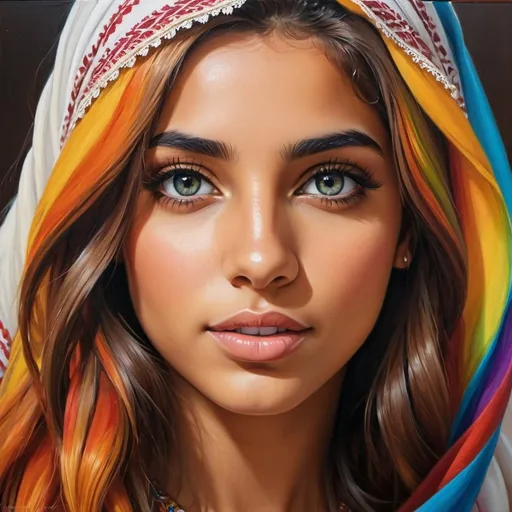 Prompt: Create a girl, high detail, oil painting, beautiful, perfect eyes, perfect hair, rainbow colored hair, multi colored eyes, beautiful, tan skin, middle Eastern,