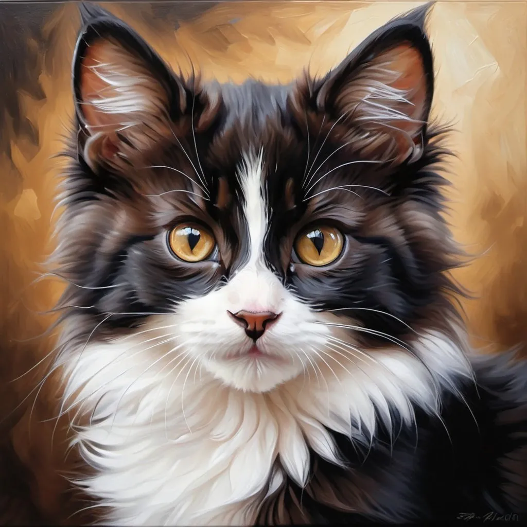 Prompt: Young kitten, oil painting, hyper realistic, high details, symmetric, perfect eyes, perfect fur, beautiful, dark brown eyes,  tuxedo cat, long fur, cute, fluffy, soft, 