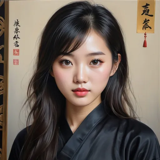 Prompt: Young Chinese women, oil painting, hyper realistic, high details, symmetric, perfect eyes, perfect hair, beautiful, dark brown eyes, black hair,  dark dress,