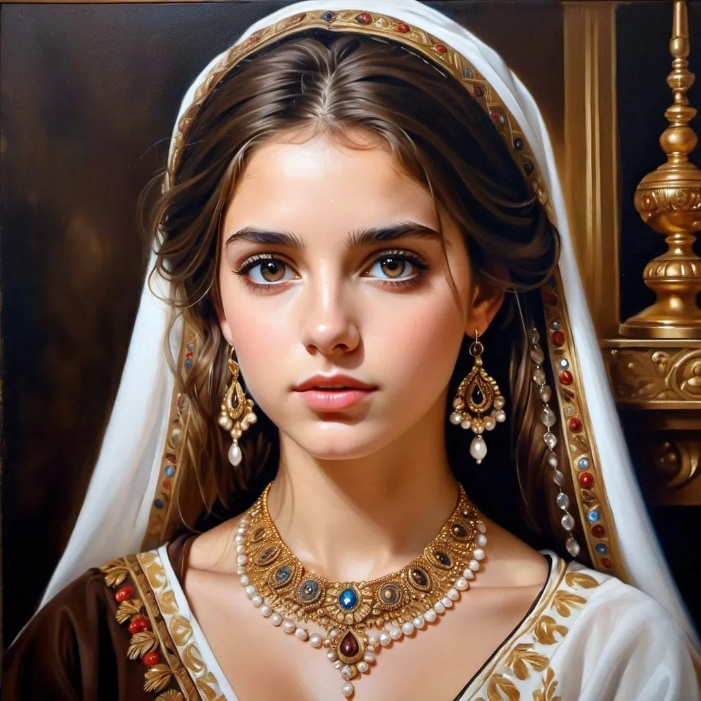Prompt: Young French women, oil painting, hyper realistic, high details, symmetric, perfect eyes, perfect hair, gorgeous, goddess like, beautiful, dark browns eyes, brown hair, traditional clothing, lots of jewelry, perfect makeup,