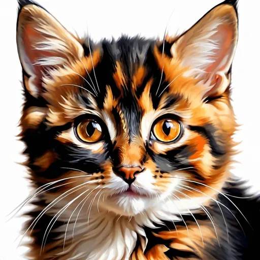 Prompt: Young kitten, oil painting, hyper realistic, high details, symmetric, perfect eyes, perfect fur, beautiful, dark brown eyes,   tortoiseshell cat, face is half orange and half blank, long fur, cute, fluffy, soft, 