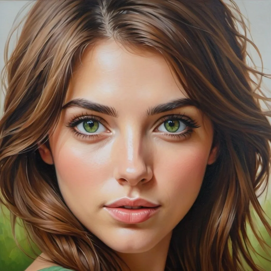 Prompt: Women in simple clothes, oil painting, hyper realistic, high details, symmetric, perfect eyes, perfect hair, beautiful, brown hair, green eyes,