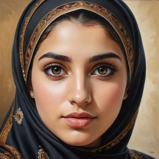 Prompt: Young Turkish women, oil painting, hyper realistic, high details, symmetric, perfect eyes, perfect hair, gorgeous, goddess like, beautiful, dark brown eyes, black hair, tan skin, traditional clothing, hijab,