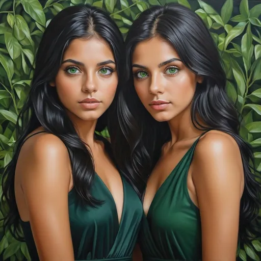 Prompt: sisters, oil painting, hyper realistic, high details, symmetric, perfect eyes, perfect hair, black hair, tan skin, dark dress, green eyes,