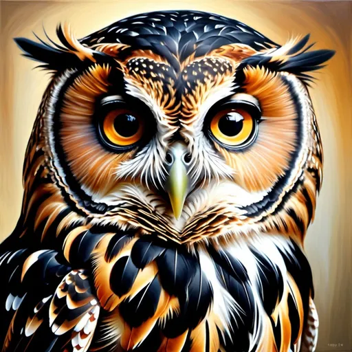 Prompt: Young owl, oil painting, hyper realistic, high details, symmetric, perfect eyes, perfect feathers, beautiful, gorgeous features, dark brown eyes, black long feathers, cute, fluffy, soft, 