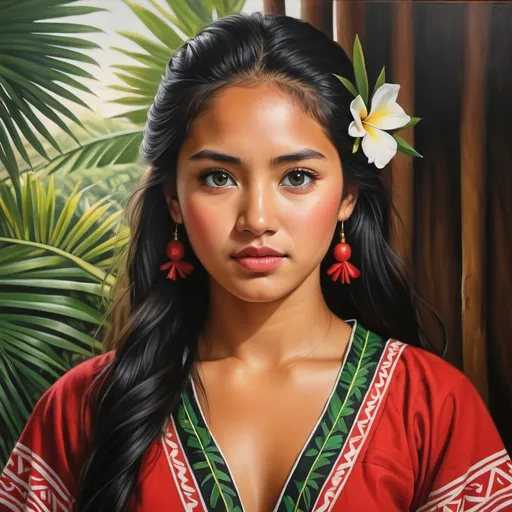 Prompt: Young Native Hawaii women, oil painting, hyper realistic, high details, symmetric, perfect eyes, perfect hair, beautiful, dark green eyes, black hair, tan skin, traditional red dress,