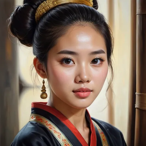 Prompt: Young  Vietnamese women, oil painting, hyper realistic, high details, symmetric, perfect eyes, perfect hair, beautiful, dark brown eyes, black hair,  bun, traditional dress,