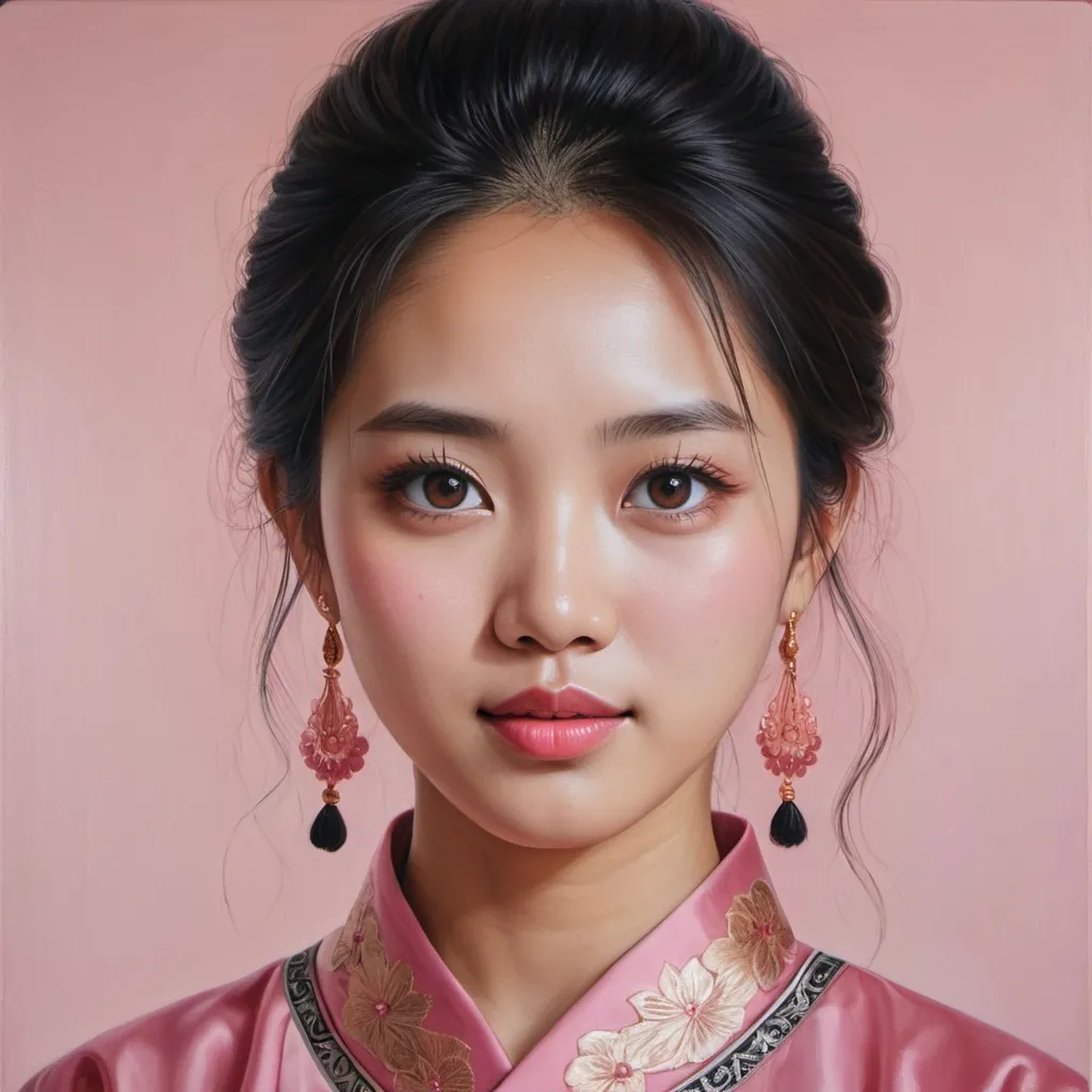 Prompt: Young Singaporean women, oil painting, hyper realistic, high details, symmetric, perfect eyes, perfect hair, beautiful, dark copper eyes, black hair, traditional pink dress,