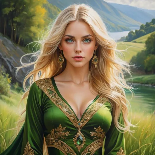 Prompt: Full length Women in fantasy clothing , oil painting, hyper realistic, high details, symmetric, perfect eyes, perfect hair, beautiful, blonde hair, green eyes,