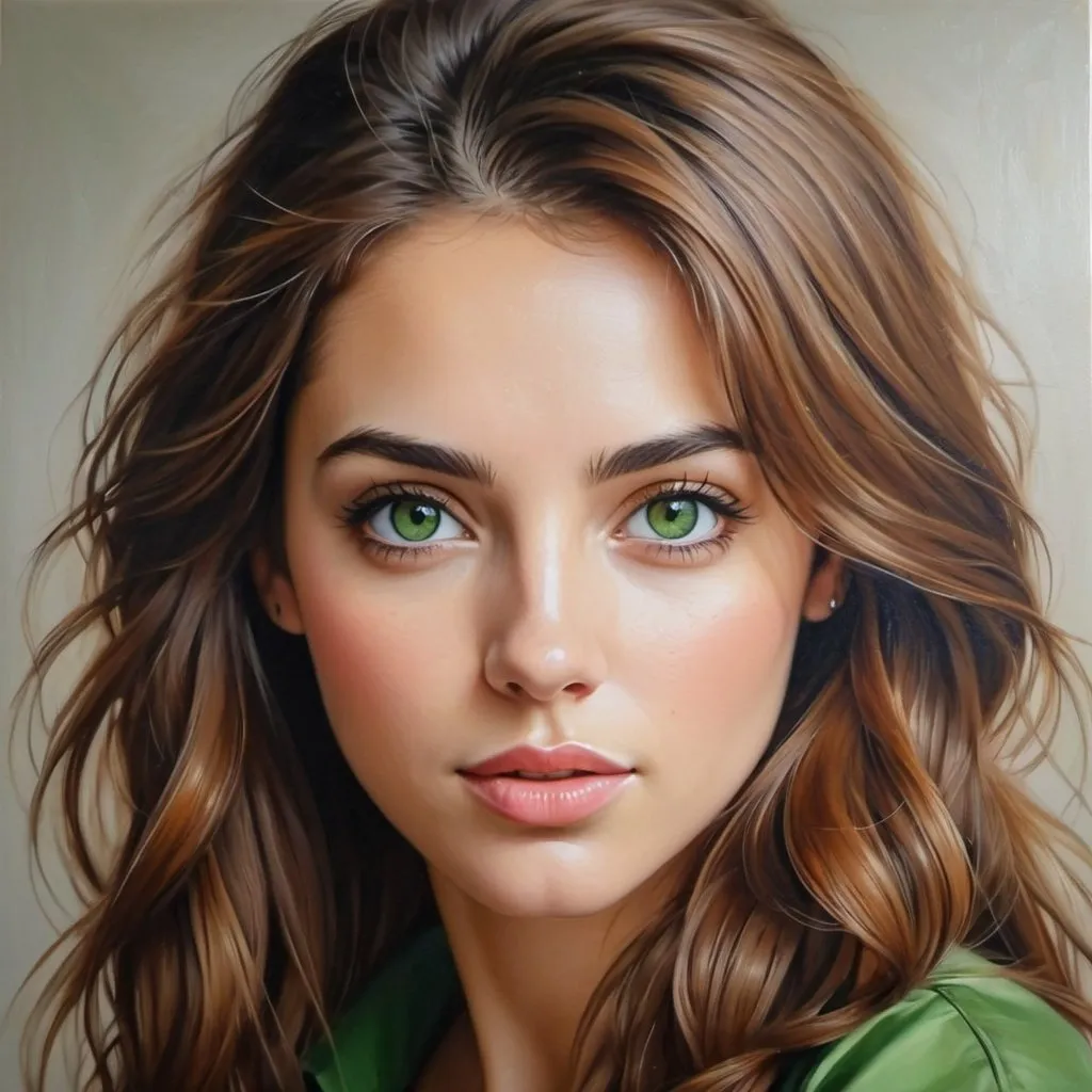 Prompt: Women in simple clothes, oil painting, hyper realistic, high details, symmetric, perfect eyes, perfect hair, beautiful, brown hair, green eyes,