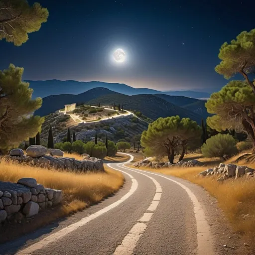 Prompt: Ancient Greek crossroads, woods, mountains in background, high definition, detailed, serene, tranquil, moon in the sky, nighttime, 